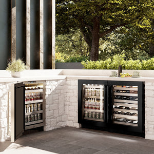 ZLINE 24 in. Touchstone Dual Zone 44 Bottle Wine Cooler With Black Stainless Steel Glass Door (RWDO-BS-24) in a luxury kitchen.