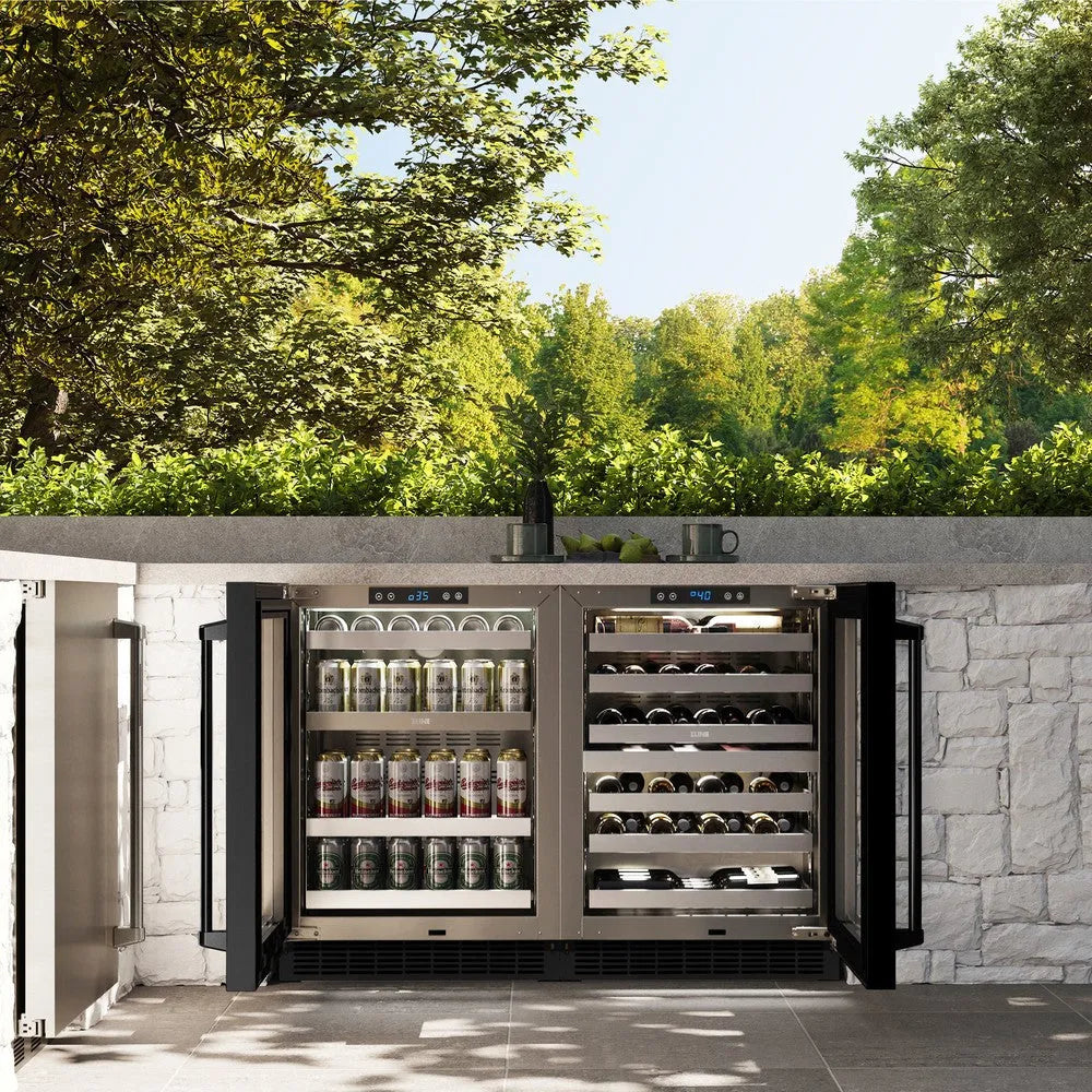 ZLINE 24 in. Touchstone 151 Can Beverage Fridge With Black Stainless Steel Glass Door (RBSO-BS-24) front, in a luxury outdoor kitchen, open.