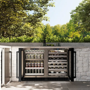 ZLINE 24 in. Touchstone 151 Can Beverage Fridge With Black Stainless Steel Glass Door (RBSO-BS-24) front, in a luxury outdoor kitchen, open.