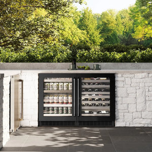 ZLINE 24 in. Touchstone Dual Zone 44 Bottle Wine Cooler With Black Stainless Steel Glass Door (RWDO-BS-24) front, in a luxury outdoor kitchen.