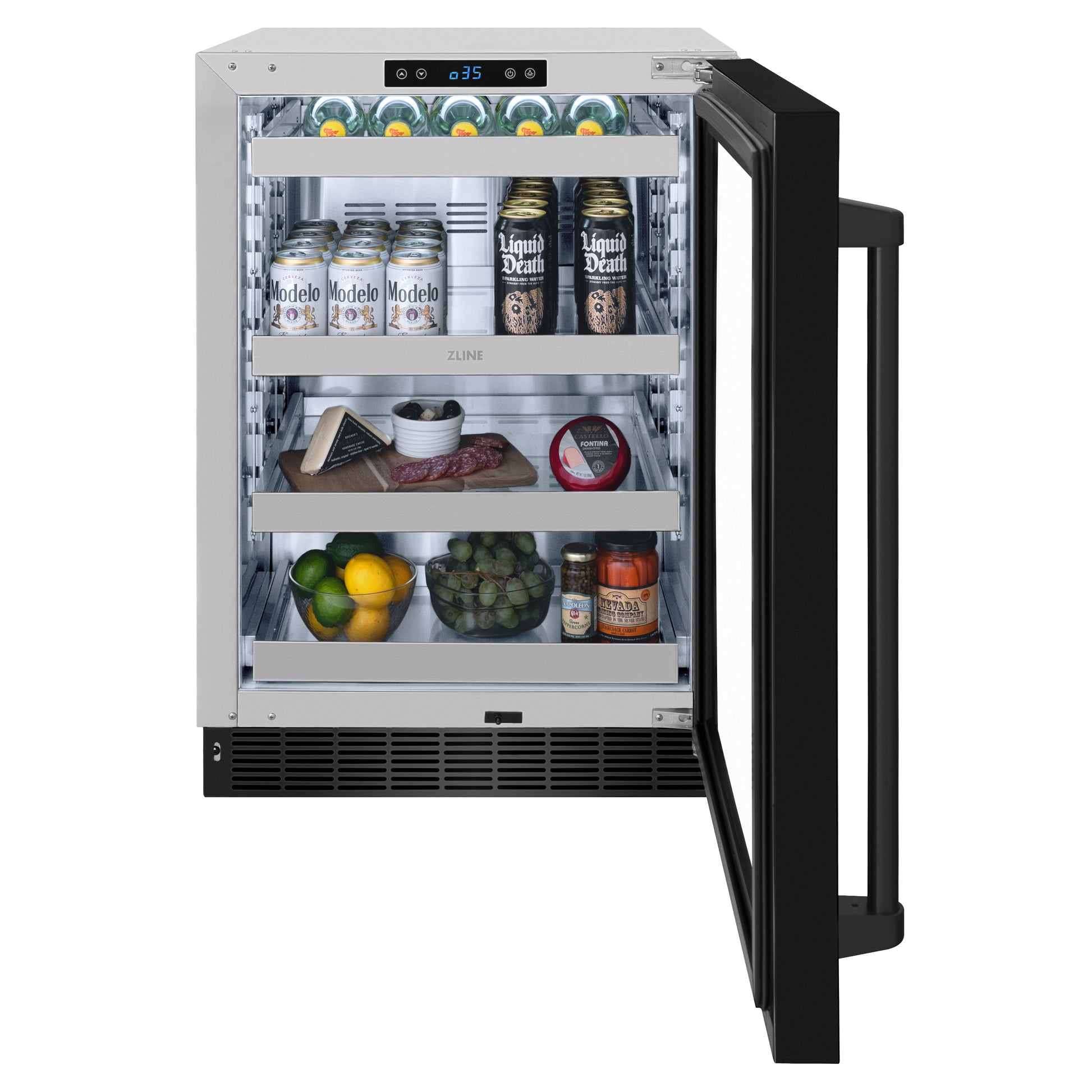 ZLINE 24 in. Touchstone 151 Can Beverage Fridge With Black Stainless Steel Glass Door (RBSO-BS-24) front, open, full.