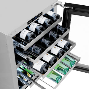 ZLINE 24 in. Touchstone Dual Zone 44 Bottle Wine Cooler With Black Stainless Steel Glass Door (RWDO-BS-24) four adjustable wine shelves with bottles extended from above.