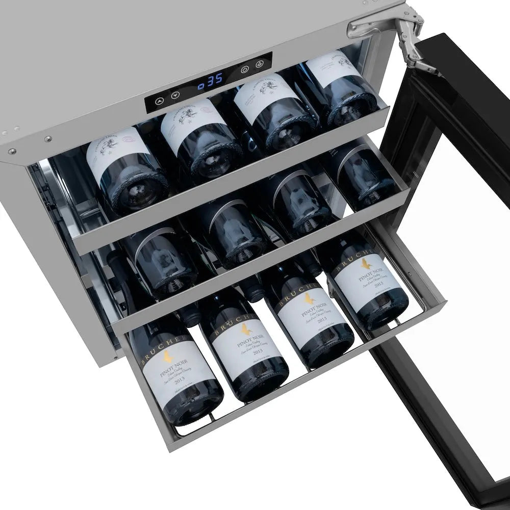 ZLINE 24 in. Touchstone Dual Zone 44 Bottle Wine Cooler With Black Stainless Steel Glass Door (RWDO-BS-24) front, open, with shelves extended and wine bottles inside, showing digital display on top.