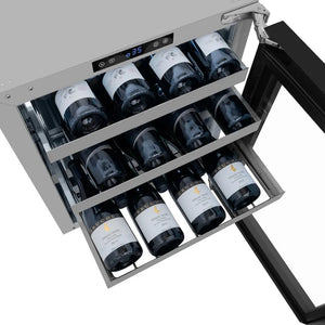 ZLINE 24 in. Touchstone Dual Zone 44 Bottle Wine Cooler With Black Stainless Steel Glass Door (RWDO-BS-24) front, open, with shelves extended and wine bottles inside, showing digital display on top.