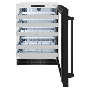 ZLINE 24 in. Touchstone Dual Zone 44 Bottle Wine Cooler With Black Stainless Steel Glass Door (RWDO-BS-24) front, open.