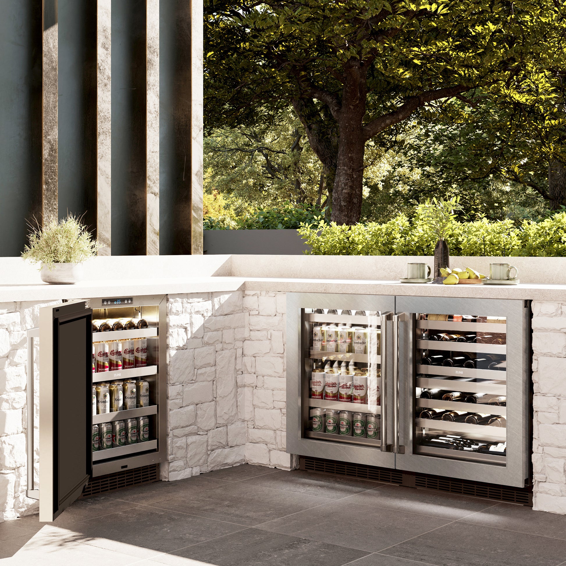 ZLINE 24 in. Touchstone 151 Can Beverage Fridge With DuraSnow® Stainless Steel Glass Door (RBSO-SN-24) in a luxury outdoor patio, side.