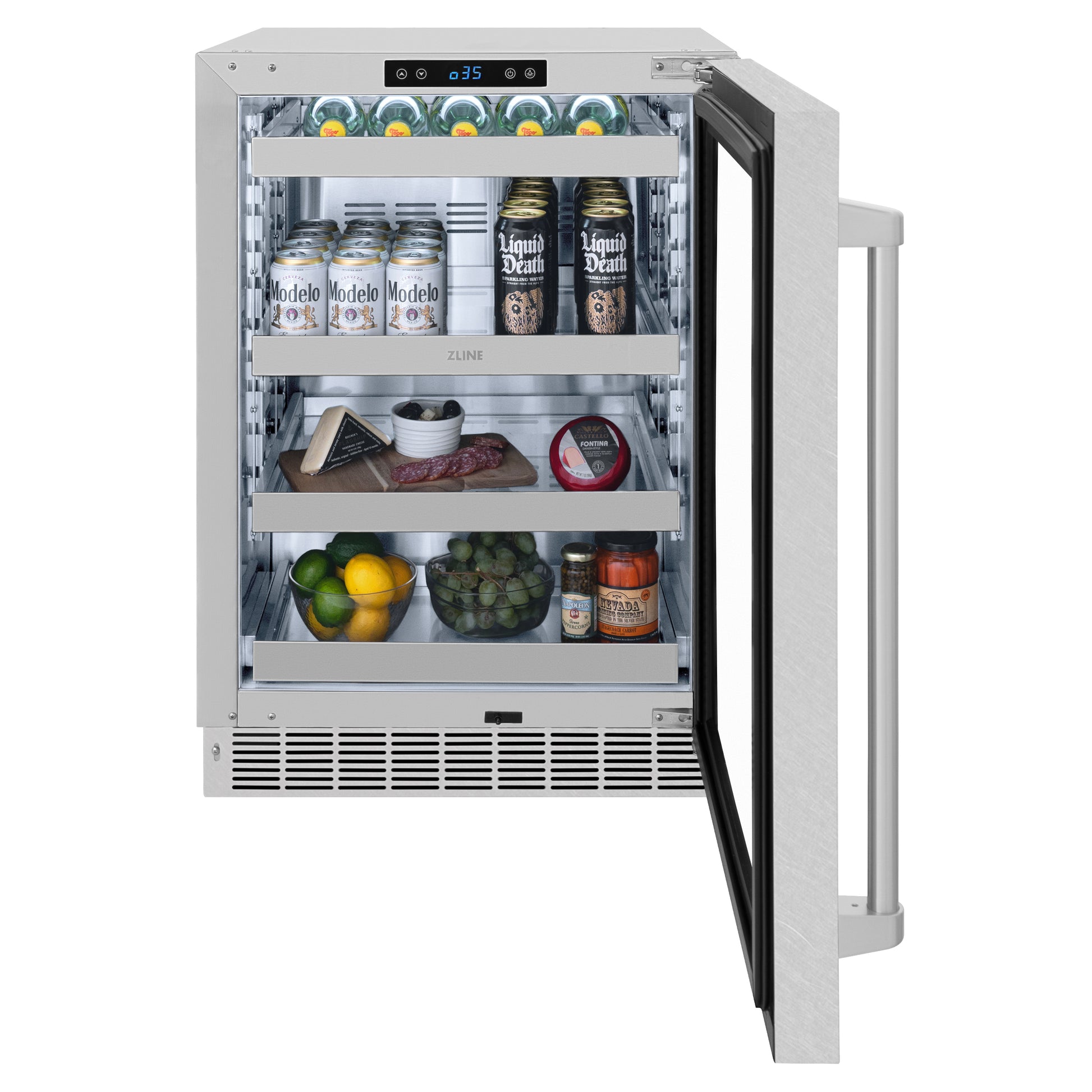 ZLINE 24 in. Touchstone 151 Can Beverage Fridge With DuraSnow® Stainless Steel Glass Door (RBSO-SN-24) front, open, full.