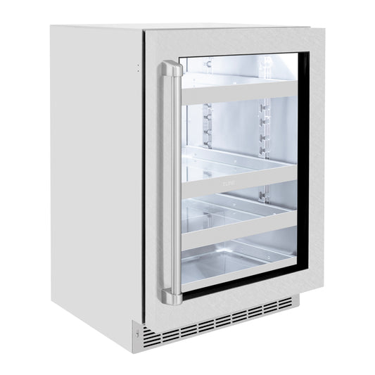 ZLINE 24 in. Touchstone 151 Can Beverage Fridge With DuraSnow® Stainless Steel Glass Door (RBSO-SN-24) side, closed.