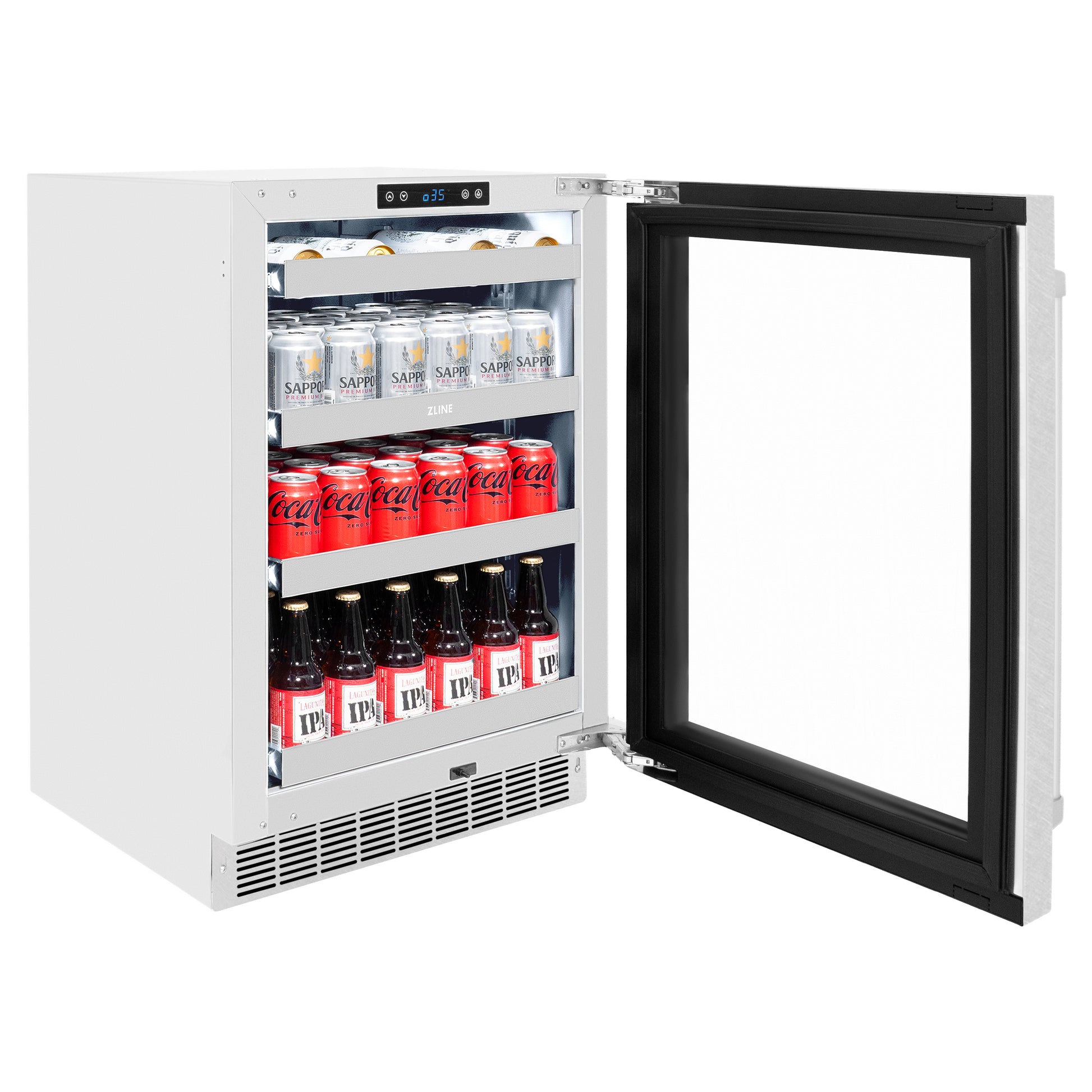 ZLINE 24 in. Touchstone 151 Can Beverage Fridge With DuraSnow® Stainless Steel Glass Door (RBSO-SN-24) side, open, full.