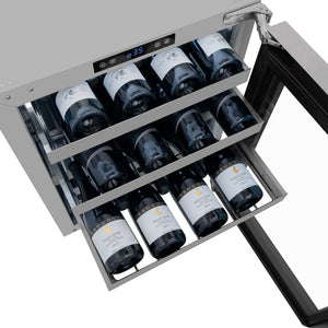 ZLINE 24 in. Touchstone Dual Zone 44 Bottle Wine Cooler With DuraSnow® Stainless Steel Glass Door (RWDO-SN-24) close-up detail, easy glide adaptable shelving system.