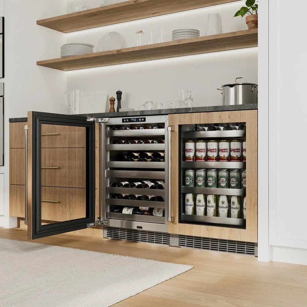 ZLINE 24 in. Touchstone 151 Can Beverage Fridge With Panel Ready Glass Door (RBSPO-24) in a custom home bar area from side, door open.
