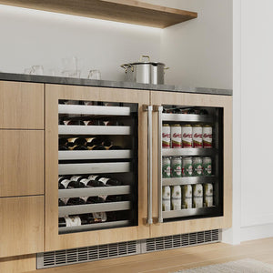 ZLINE 24 in. Touchstone 151 Can Beverage Fridge With Panel Ready Glass Door (RBSPO-24) in a custom home bar area from side, with wine on adjustable shelves.