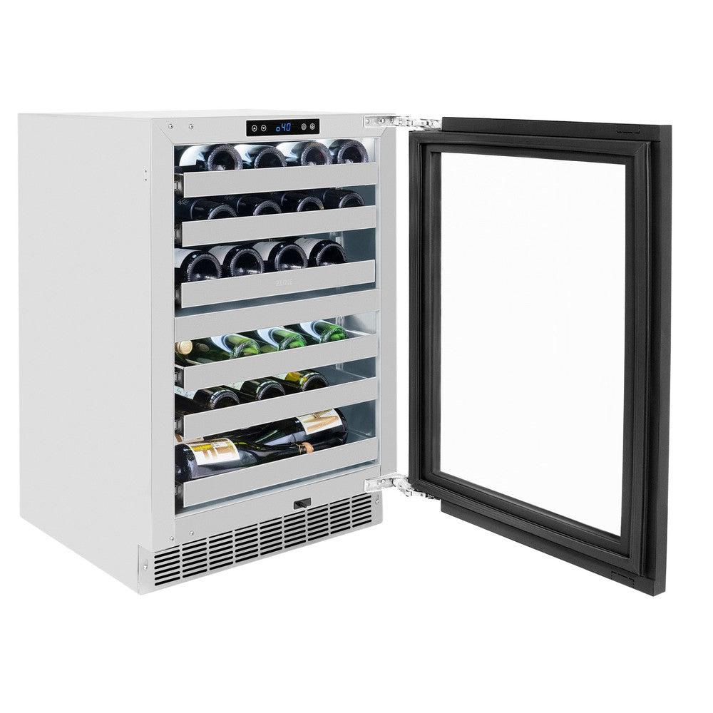 ZLINE 24 in. Touchstone Dual Zone 44 Bottle Wine Cooler With Panel Ready Glass Door (RWDPO-24) side, open.