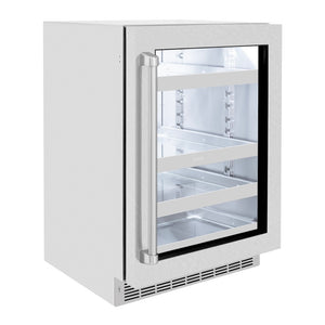 ZLINE 24 in. Touchstone 151 Can Beverage Fridge With Satin Stainless Steel Glass Door (RBSO-SN-24) side, closed.