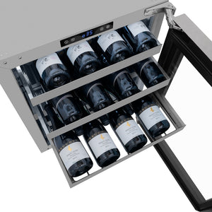 ZLINE 24 in. Touchstone Dual Zone 44 Bottle Wine Cooler with Satin Stainless Steel Glass Door (RWDO-SN-24) adjustable wine shelves extended with bottles from above.