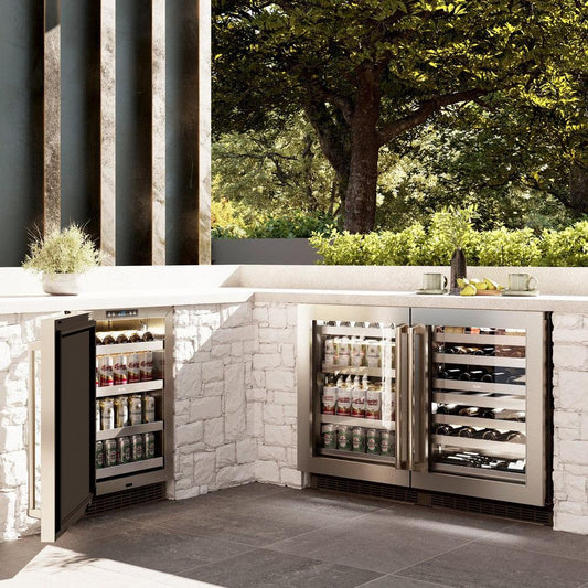 ZLINE 24 in. Touchstone 151 Can Beverage Fridge With Stainless Steel Glass Door (RBSO-GS-24) in an outdoor patio area.