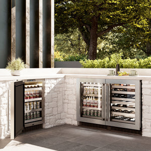 ZLINE 24 in. Touchstone Dual Zone 44 Bottle Wine Cooler With DuraSnow® Stainless Steel Glass Door (RWDO-SN-24) in a luxury outdoor patio, side.