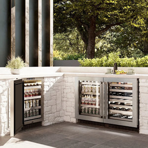 ZLINE 24 in. Touchstone Dual Zone 44 Bottle Wine Cooler with Satin Stainless Steel Glass Door (RWDO-SN-24) in a luxury outdoor patio, side.