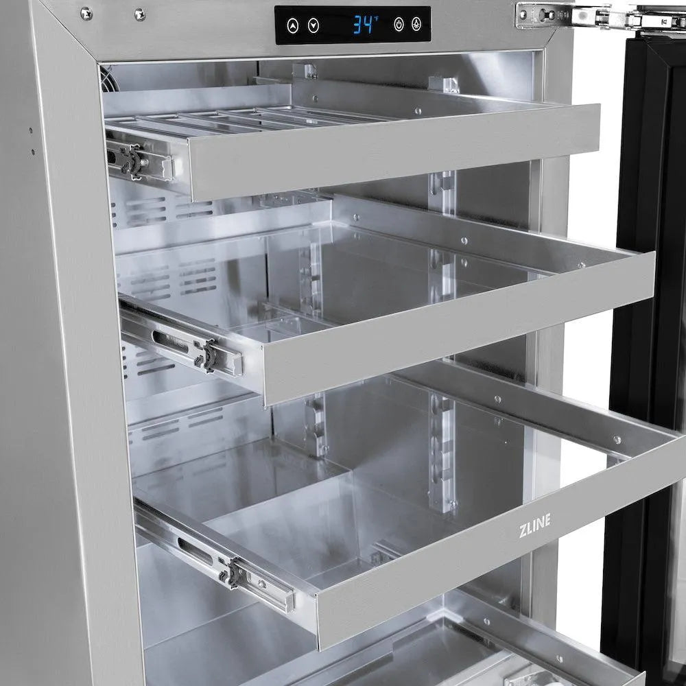 ZLINE 24 in. Touchstone 151 Can Beverage Fridge With Solid Stainless Steel Door (RBSO-ST-24) close-up, door open, 3 full-extension glass racks and 1 full-extension stainless steel wine rack extended.