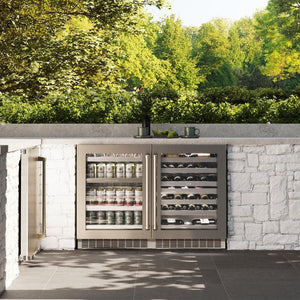 ZLINE 24 in. Touchstone Dual Zone 44 Bottle Wine Cooler With Stainless Steel Glass Door (RWDO-GS-24) in a luxury outdoor patio, front.