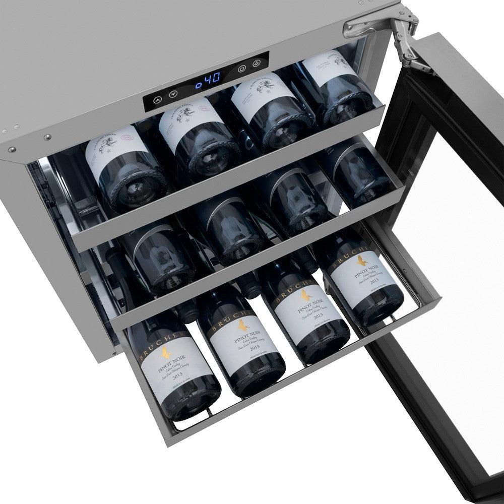 ZLINE 24 in. Touchstone Dual Zone 44 Bottle Wine Cooler With Stainless Steel Glass Door (RWDO-GS-24) above, three rows of red wine on adjustable shelves.