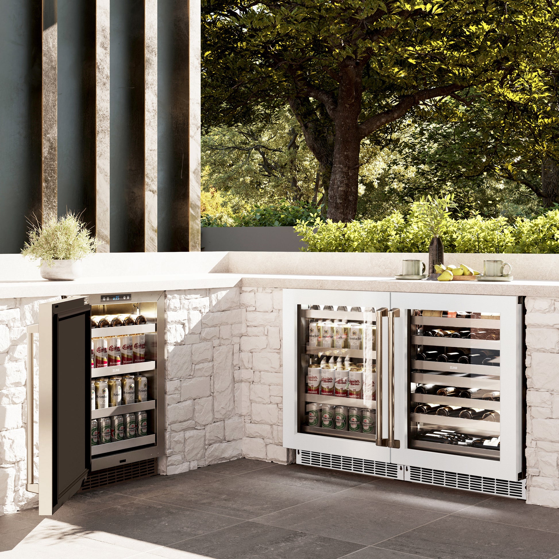 ZLINE 24 in. Touchstone 151 Can Beverage Fridge With White Matte Glass Door (RBSO-WM-24) in a luxury outdoor patio, side.