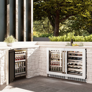 ZLINE 24 in. Touchstone 151 Can Beverage Fridge With White Matte Glass Door (RBSO-WM-24) in a luxury outdoor patio, side.