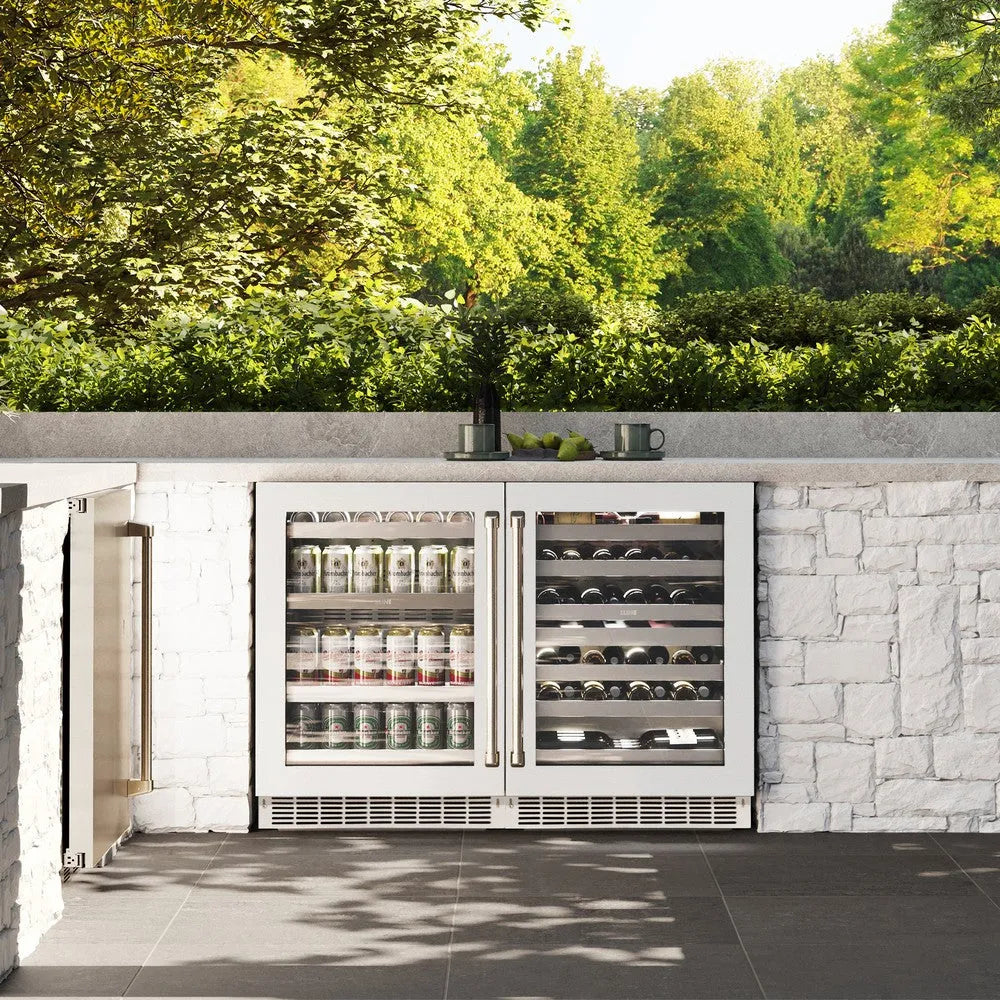 ZLINE 24 in. Touchstone 151 Can Beverage Fridge With White Matte Glass Door (RBSO-WM-24) front, in a luxury outdoor kitchen.