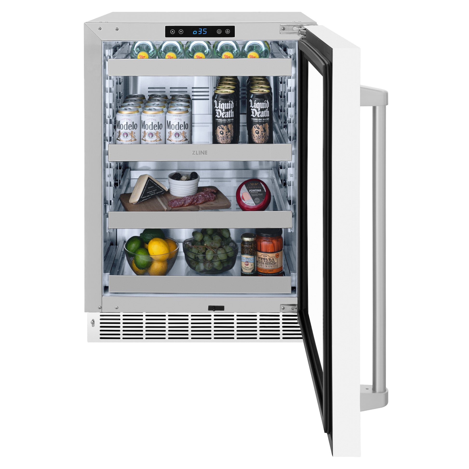 ZLINE 24 in. Touchstone 151 Can Beverage Fridge With White Matte Glass Door (RBSO-WM-24) front, open, full.