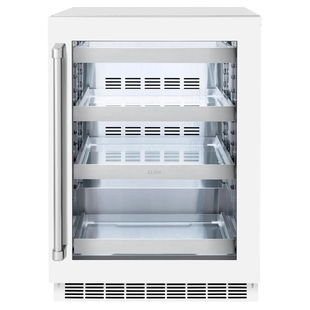 ZLINE 24 in. Touchstone 151 Can Beverage Fridge With White Matte Glass Door (RBSO-WM-24) main image.