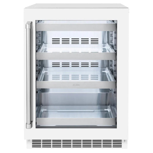 ZLINE 24 in. Touchstone 151 Can Beverage Fridge With White Matte Glass Door (RBSO-WM-24) main image.