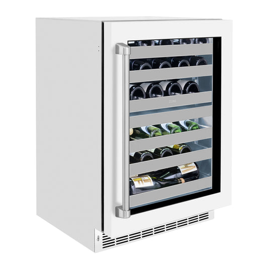 ZLINE 24 in. Touchstone Dual Zone 44 Bottle Wine Cooler With White Matte Glass Door (RWDO-WM-24) side, closed.