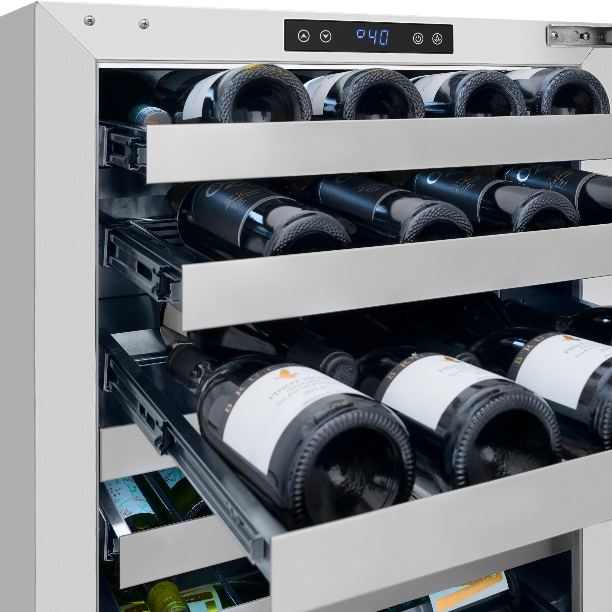 ZLINE 24 in. Touchstone Dual Zone 44 Bottle Wine Cooler With White Matte Glass Door (RWDO-WM-24) close-up detail, three rows of wine bottles on easy glide adaptable shelving system.