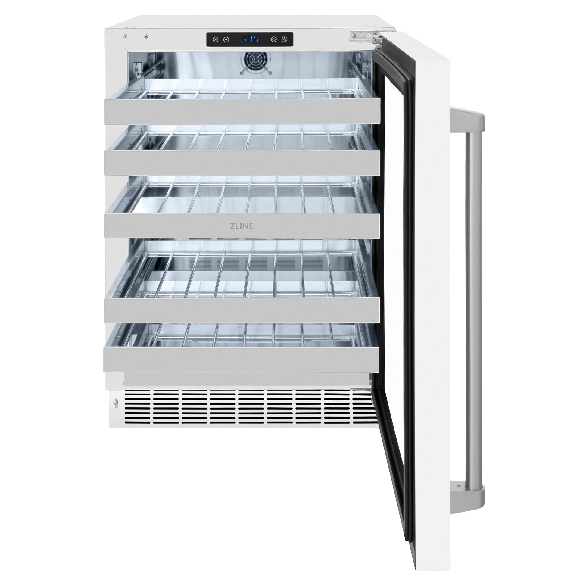 ZLINE 24 in. Touchstone Dual Zone 44 Bottle Wine Cooler With White Matte Glass Door (RWDO-WM-24) front, open.