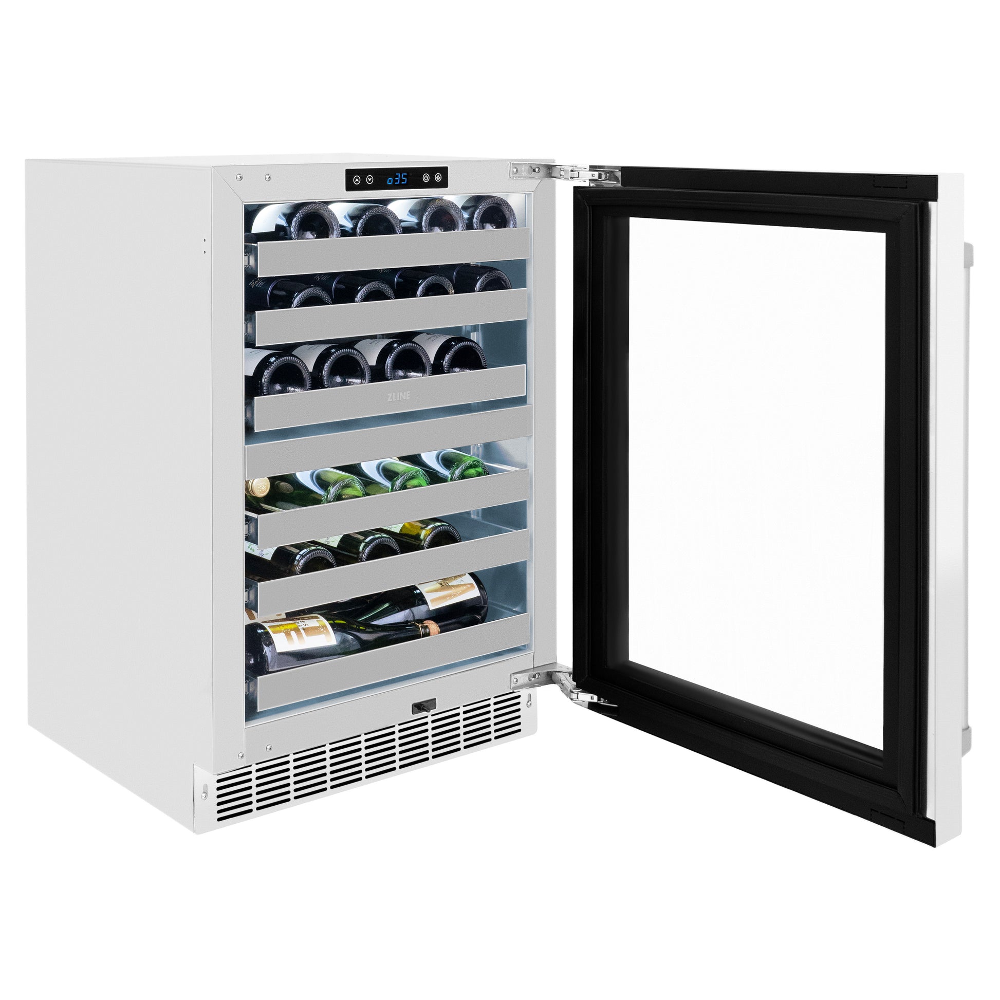 ZLINE 24 in. Touchstone Dual Zone 44 Bottle Wine Cooler With White Matte Glass Door (RWDO-WM-24) side, open, full.