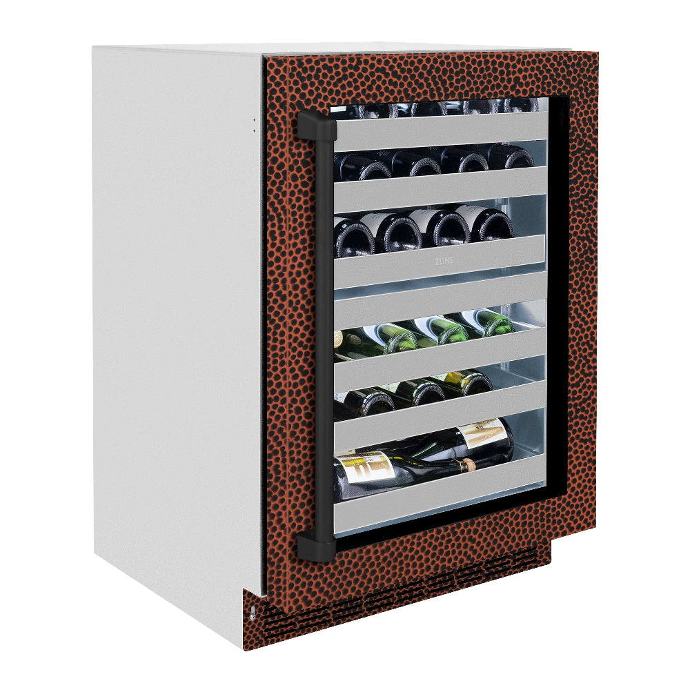 ZLINE 24 in. Touchstone Dual Zone 44 Bottle Wine Cooler with Hand Hammered Copper Glass Door (RWDO-HH-24) side, closed.
