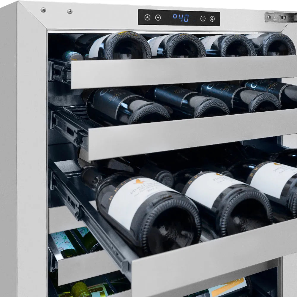 ZLINE 24 in. Touchstone Dual Zone 44 Bottle Wine Cooler with Hand Hammered Copper Glass Door (RWDO-HH-24) wine bottles inside, showing a digital display on top.
