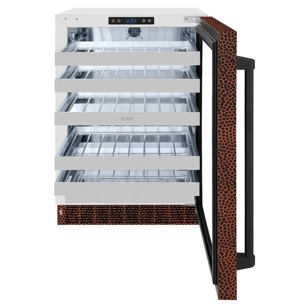 ZLINE 24 in. Touchstone Dual Zone 44 Bottle Wine Cooler with Hand Hammered Copper Glass Door (RWDO-HH-24) front, open.
