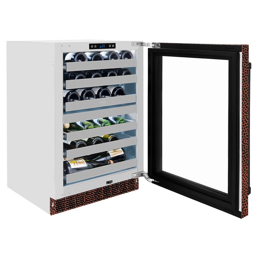 ZLINE 24 in. Touchstone Dual Zone 44 Bottle Wine Cooler with Hand Hammered Copper Glass Door (RWDO-HH-24) open door displaying wine bottles inside.