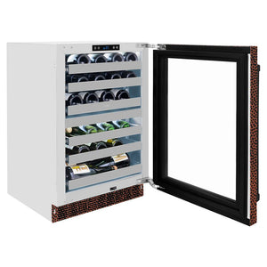 ZLINE 24 in. Touchstone Dual Zone 44 Bottle Wine Cooler with Hand Hammered Copper Glass Door (RWDO-HH-24) open door displaying wine bottles inside.