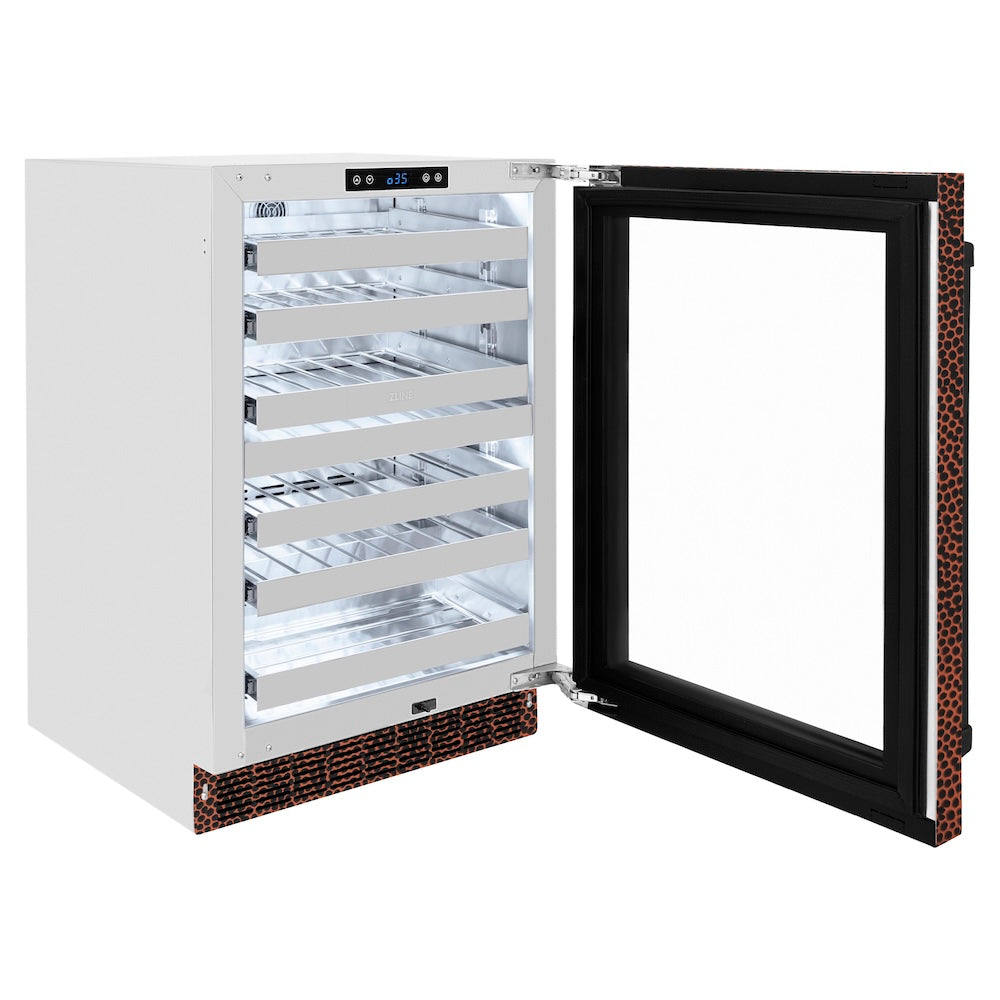 ZLINE 24 in. Touchstone Dual Zone 44 Bottle Wine Cooler with Hand Hammered Copper Glass Door (RWDO-HH-24) open door showing shelves inside, on a white background
