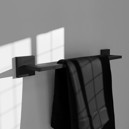 ZLINE Palisades 18 in. Towel Rail in Matte Black (RBCN1-TR18-MB) in a luxury bathroom, with towel.