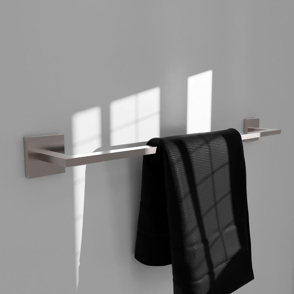 ZLINE Palisades 24 in. Towel Rail in Brushed Nickel (RBCN1-TR-BN) in a luxury bathroom, with towel.