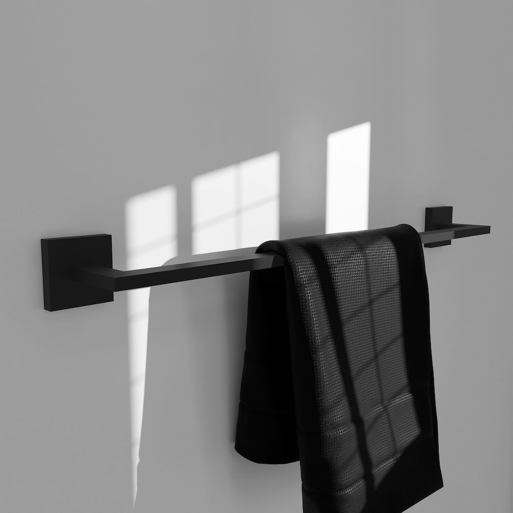 ZLINE Palisades 24 in. Towel Rail in Matte Black (RBCN1-TR-MB) in a luxury bathroom, with towel.