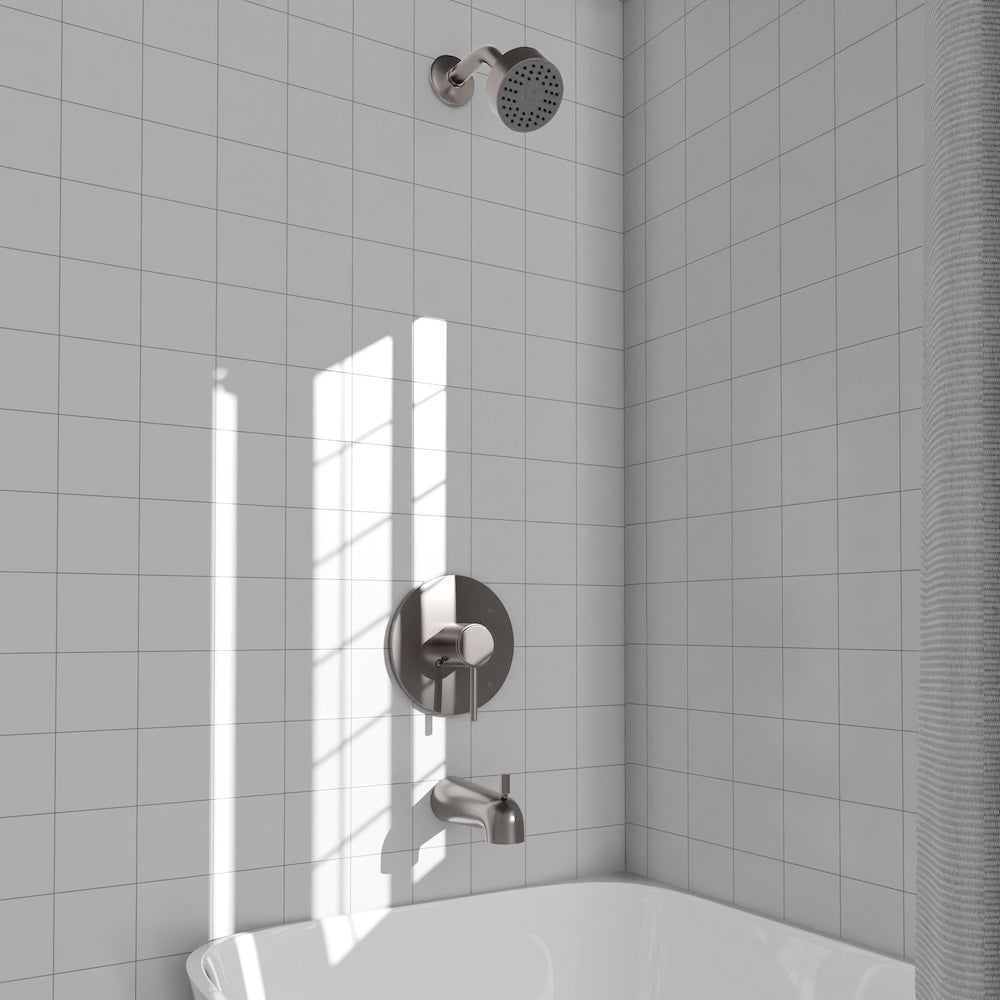 ZLINE Palisades Elegant Shower System in Brushed Nickel (RBCN1-SHS-BN) in a luxury bathroom.