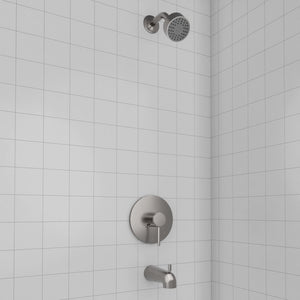 ZLINE Palisades Elegant Shower System in Brushed Nickel (RBCN1-SHS-BN) in a luxury bathroom.