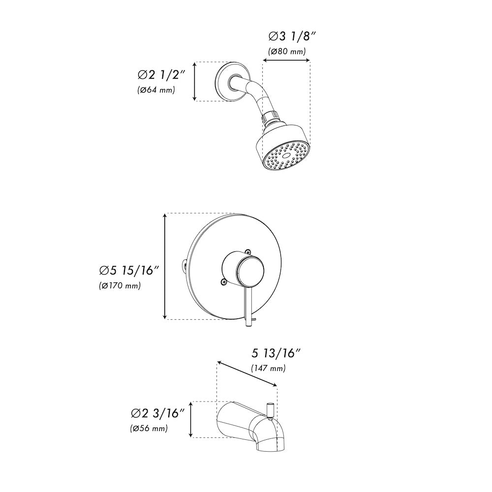 ZLINE Palisades Elegant Shower System in Champagne Bronze (RBCN1-SHS-CB) dimensional diagram.