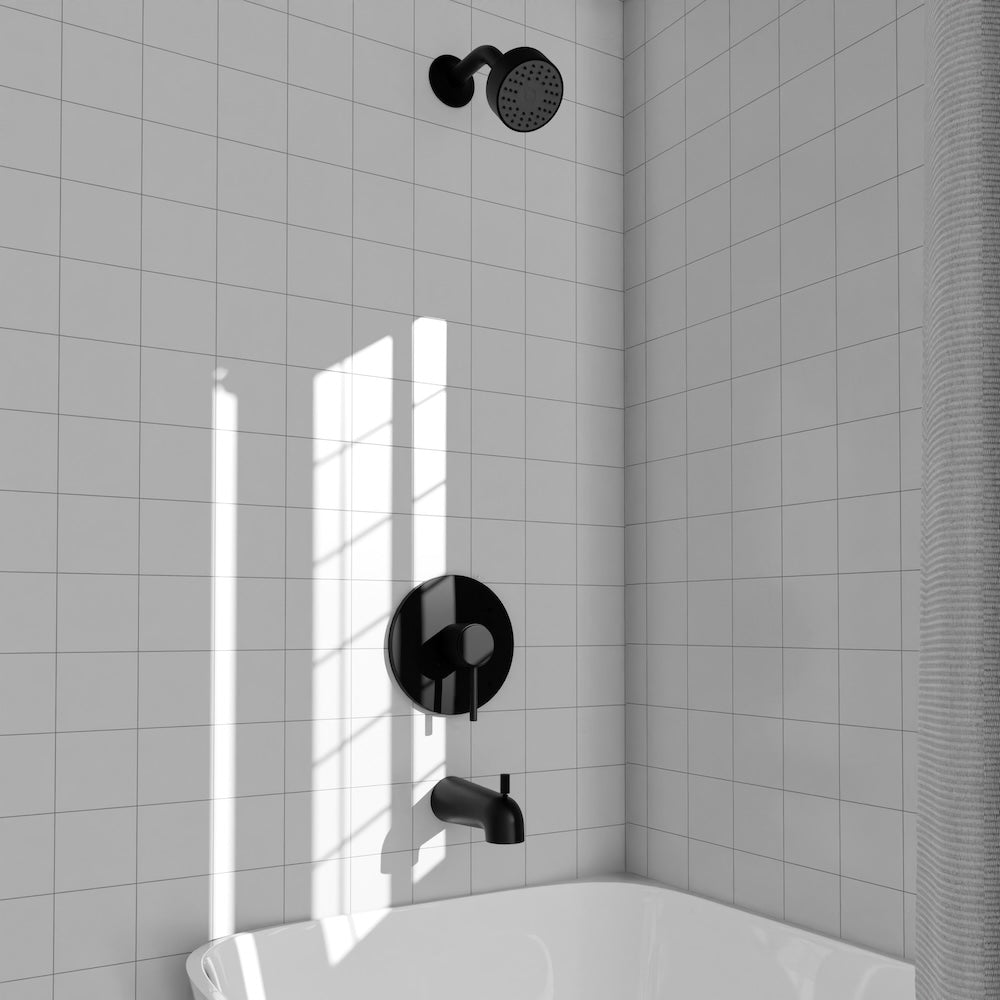 ZLINE Palisades Elegant Shower System in Matte Black (RBCN1-SHS-MB) in a luxury bathroom.