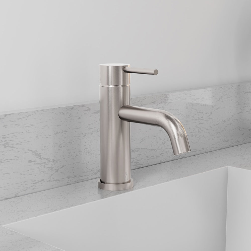 ZLINE Palisades Elegant Single Handle Bath Faucet in Brushed Nickel (RBCN1-BF-BN) close-up, in a luxury bathroom.