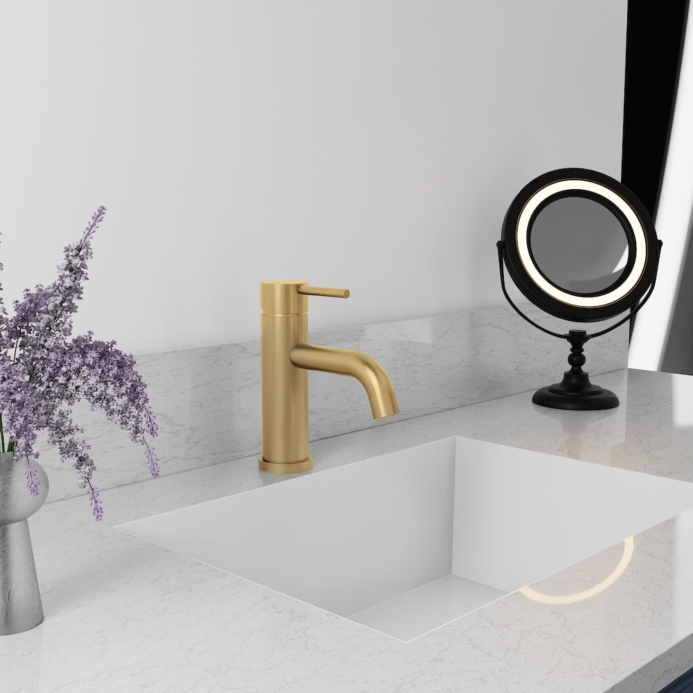 ZLINE Palisades Elegant Single Handle Bath Faucet in Champagne Bronze (RBCN1-BF-CB) wide, in a luxury bathroom.